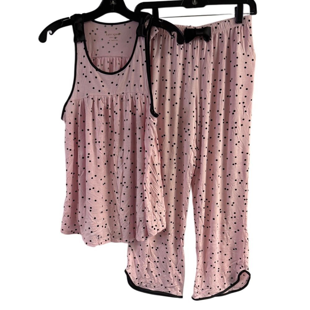 Kate Spade Pink & Black Polka Dot Bow Detail Pajama Set Size XS